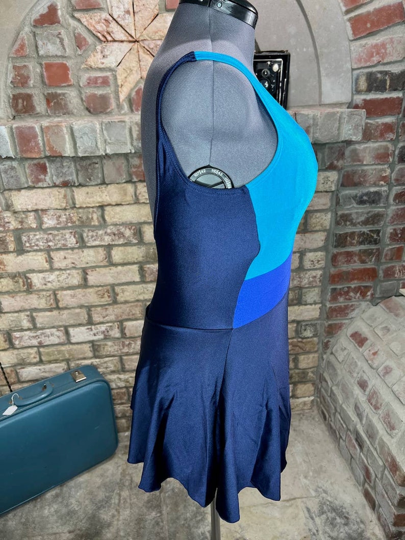 swimsuit swim dress Vintage 1980s one piece colorblocked blue teal aqua black image 7