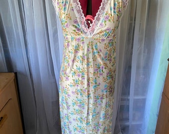 nightgown vintage 1970s floral deep V neck blue pink orange