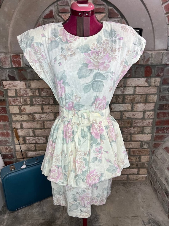 dress floral peplum 1980s pink cream green romanti