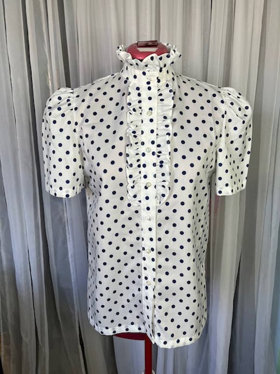 button up blouse ruffle collar polkadot white bla… - image 1