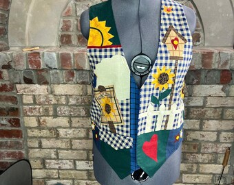 Doorgestikt hemd zonnebloemen vogelhuisje grannycore kidcore bright