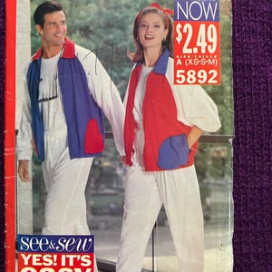May include: A vintage sewing pattern cover featuring two people wearing matching white tracksuits with red and blue accents. The cover includes the text "see & sew NOW" and "YES! IT'S easy". The price is listed as $2.49.