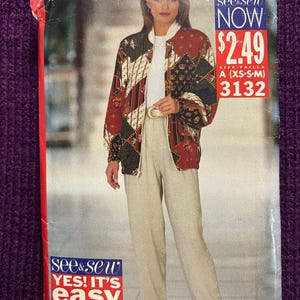 May include: A vintage sewing pattern cover featuring a woman modeling a jacket and pants. The jacket has a patchwork design in red, black, and cream colors. The text "See & Sew" and "Yes! It's Easy" are visible.