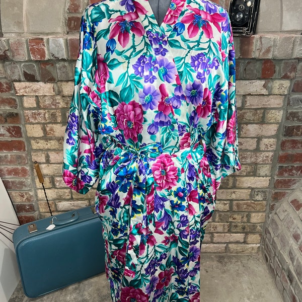 Adonna robe satin floral purple teal pink