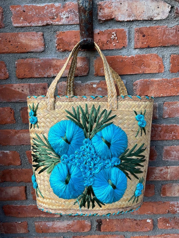 raffia straw shoulder bag purse floral bucket bag… - image 1
