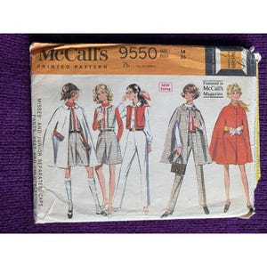 May include: Vintage McCall's 9550 printed sewing pattern featuring Misses' and Junior separates. The pattern includes cape, pants, vest, and culottes. The size is 14, with a 36-inch bust. The pattern is from McCall's Magazine.