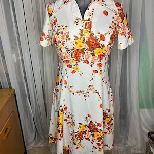 Shirt dress floral orange yellow 1970s