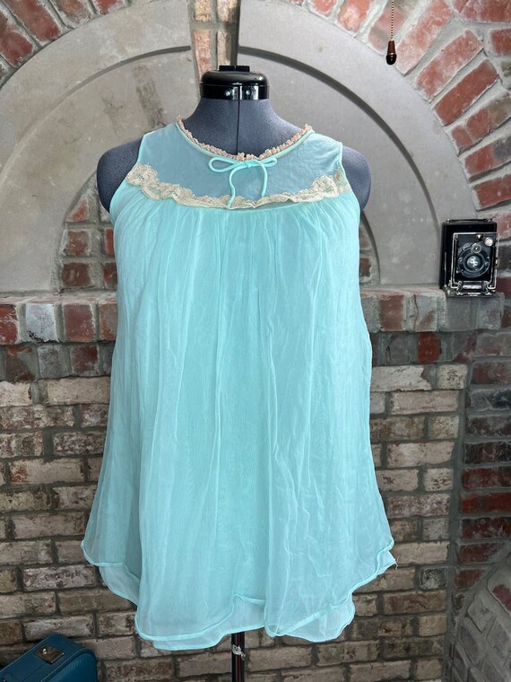 Pajama top satin lace and sheer aqua blue  tan