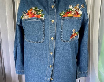 Chambray womens shirt embroidered pumpkins scarcrow