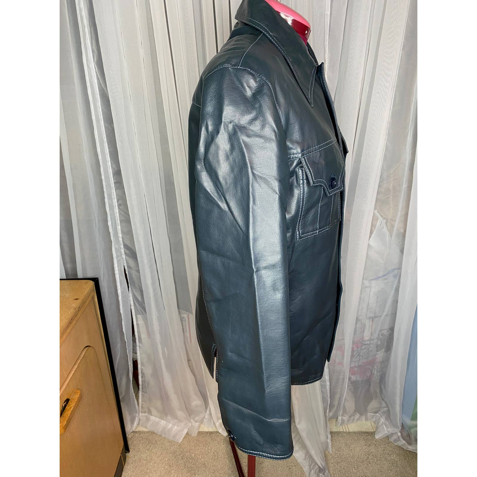 Vegan Leather Spy Style Jacket Gun Metal Gray Blue Vintage Vegan Leather Spy Style Jacket Gun Metal Gray Blue Vintage