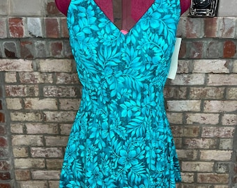 swimsuit swim dress Vintage 1980s one piece V neck blue teal aqua NWT