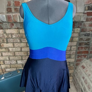 swimsuit swim dress Vintage 1980s one piece colorblocked blue teal aqua black image 1