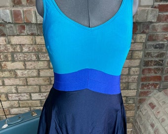 swimsuit swim dress Vintage 1980s one piece colorblocked blue teal aqua black