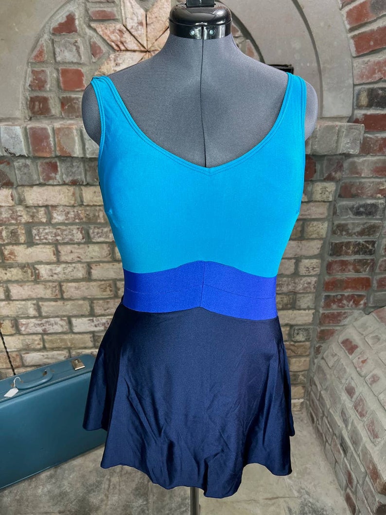 swimsuit swim dress Vintage 1980s one piece colorblocked blue teal aqua black image 1