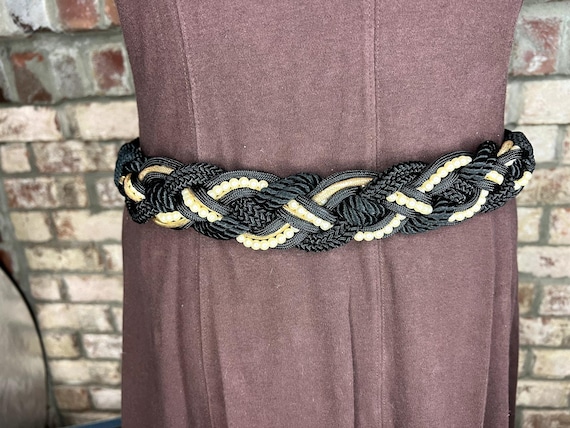 Rope Chord Belt Black Gold Faux Pearls Boho Vintage 1980s - Etsy display picture 1