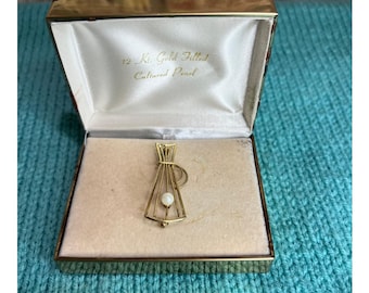 Broche de oro laminado de 12 quilates con perla cultivada, artículo vintage sin usar