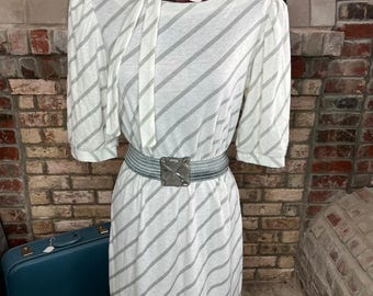 Kleid Puffärmel diagonal gestreift Vintage 1980er Jahre weiß grau