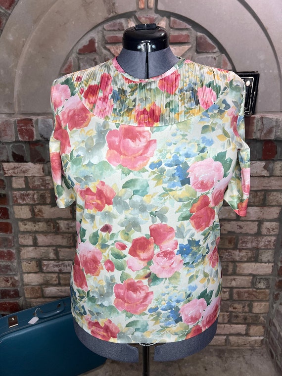 blouse watercolor floral pleated collar cottageco… - image 1