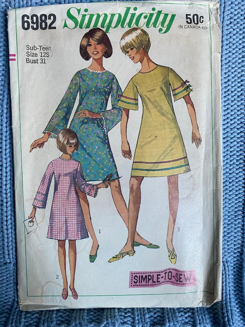 Simplicity Pattern Model Simplicity 6982 Sewing Pattern A Line Dress Bell Sleeve 1960s Size 12 ...
