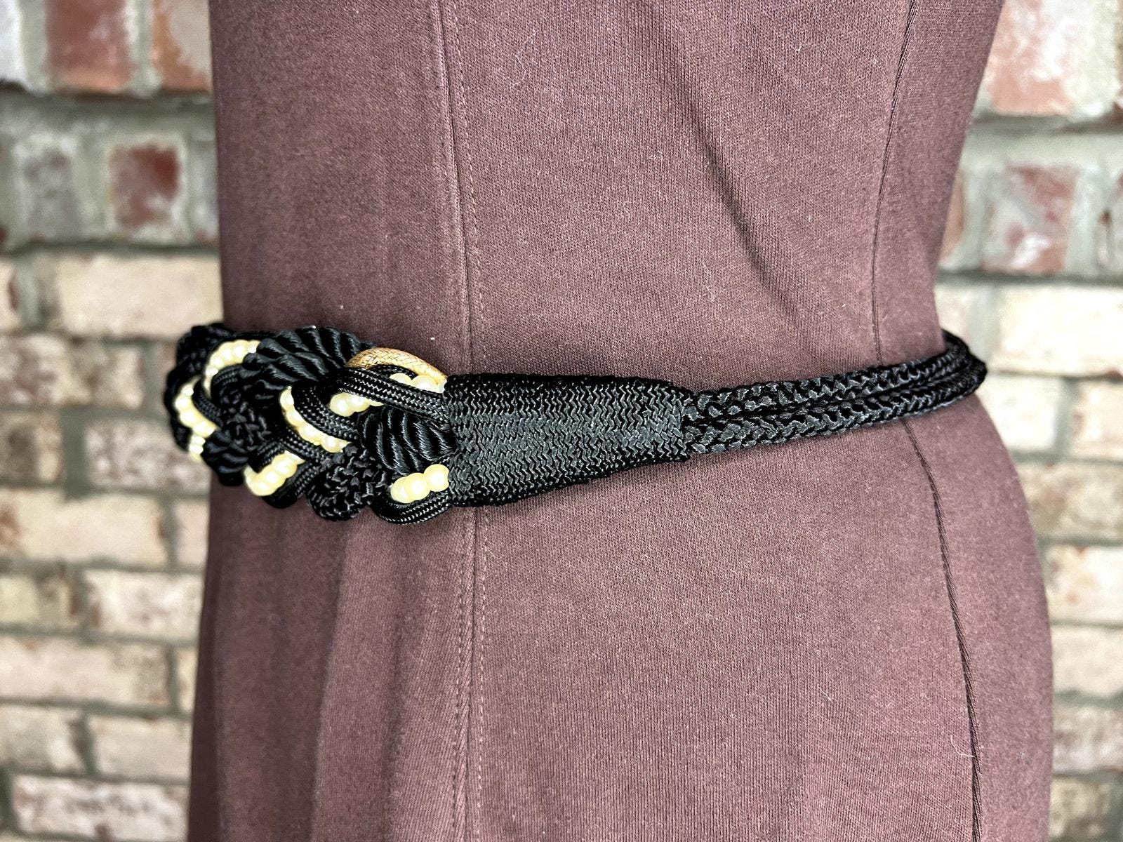 Vintage 80s Black Rope Gold Buckle Faux Pearl waist belt hook loop closure women Rope Chord Belt Black Gold Faux Pearls Boho Vintage 1980s - Etsy main image 3