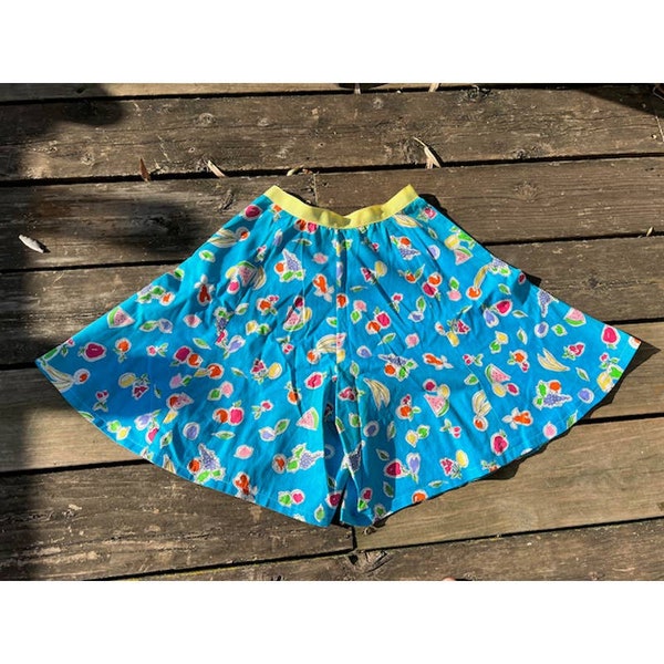 high waisted shorts fruit print 1980s blue red yellow