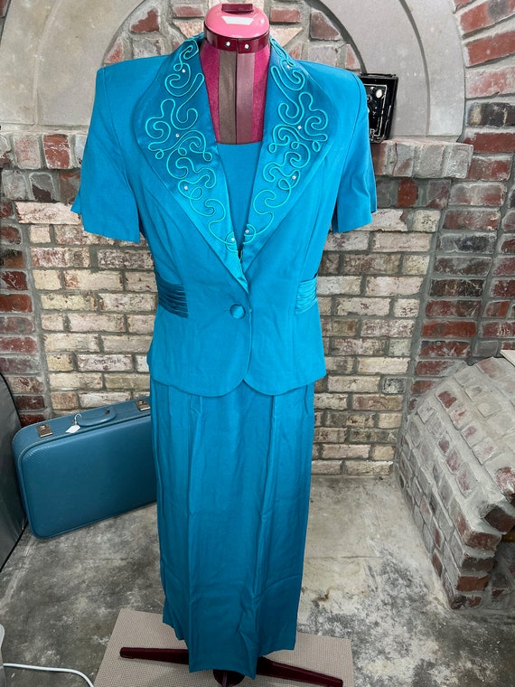 sheath dress blazer jacket embroidered collar teal