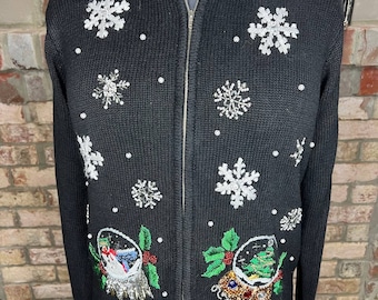 Kerstvest trui sneeuwbol geborduurde pluizige kraag met kralen