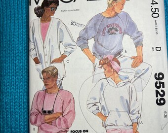 McCalls Sewing pattern 9529 unisex sweatshirt cardigan hoodie 1980s size small