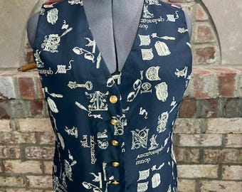 Liz Claiborne vest preppy blue white vintage 1980s novelty print steampunk