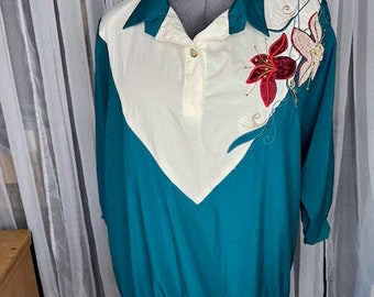 polo shirt 1980s floral teal maroon