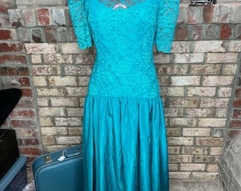 formal 1980s dress prom drop waist teal short sleeves lace