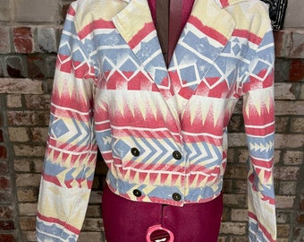 Jean Jacket Aztec print cropped Vintage 1980s red blue cream