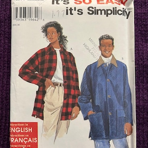 May include: A vintage sewing pattern titled "It's SO EASY it's Simplicity" featuring illustrations of a red and black plaid jacket and a blue coat. The pattern includes instructions in English, French, and Spanish. Size A, XS, S, M, L, XL.