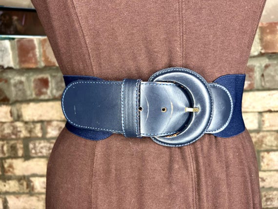 Elastic Belt Chunky Genuine Leather Navy Blue 1980s - Etsy  display picture 3