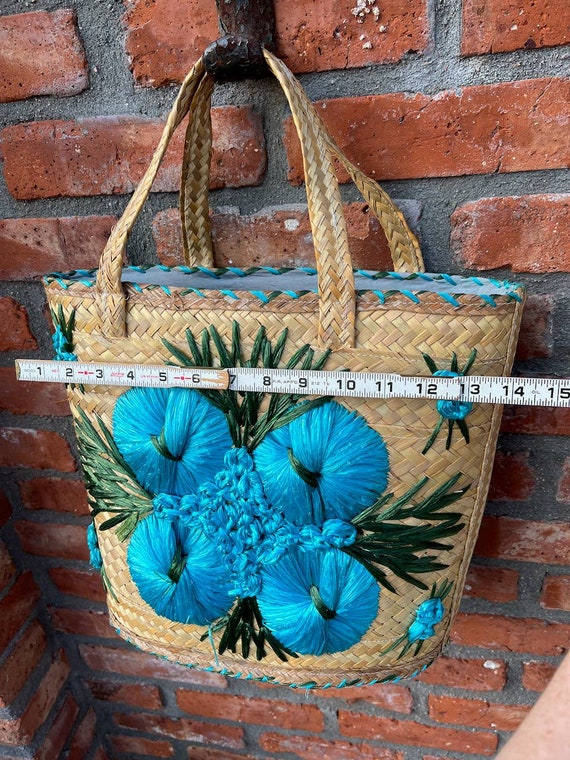 raffia straw shoulder bag purse floral bucket bag… - image 4