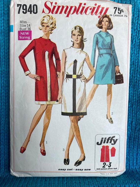 Simplicity 7940 Sewing Pattern Shift Dress 1960s Size 14 Bust 36