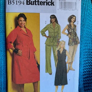 May include: A Butterick sewing pattern, B5194, featuring illustrations of women's clothing designs. The pattern includes a red coat, green suit, a sleeveless floral top, and a black dress. The size range is 18W-24W.