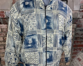 bomber Jacket geometric beaded blue cream streetwear