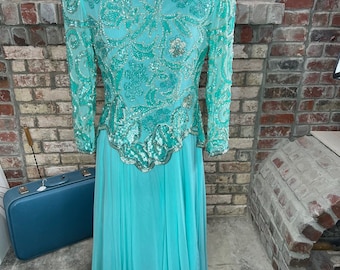 dress formal beaded 100% silk swing skirt shoulder pads blue