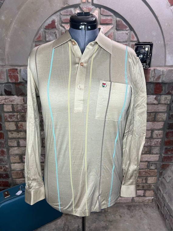 long sleeve polo 1970s  striped tan blue brown - image 1