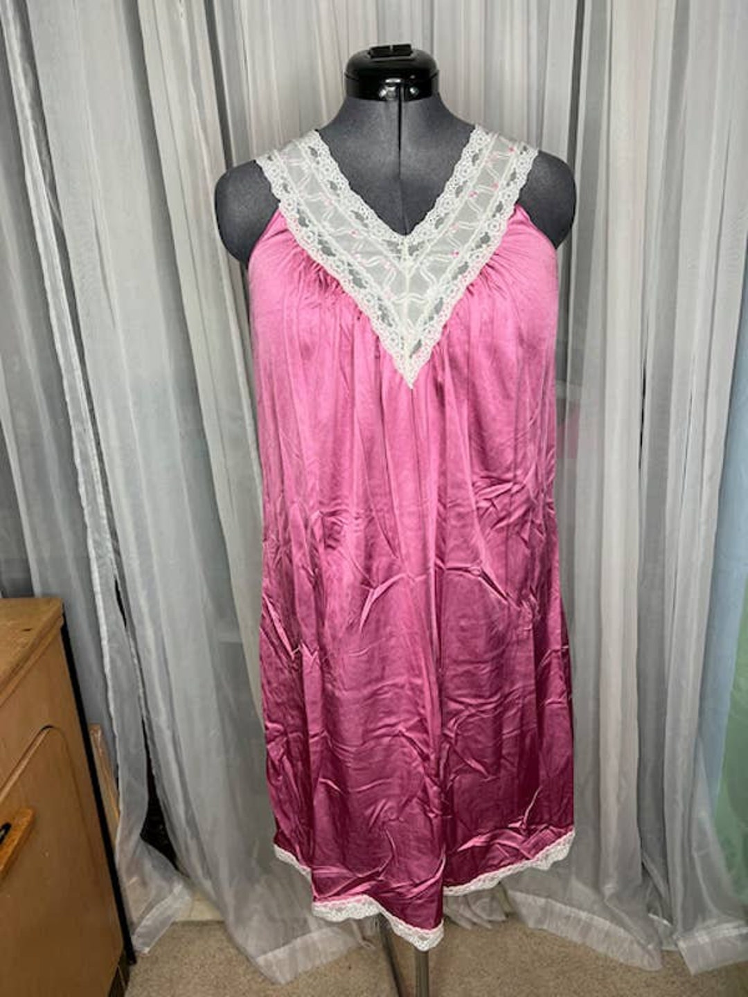 Vanity Fair Nightgown Satin Pink V Neck Lace Etsy UK