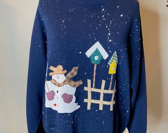 sweatshirt Vintage appliqué snowmen birdhouses broom