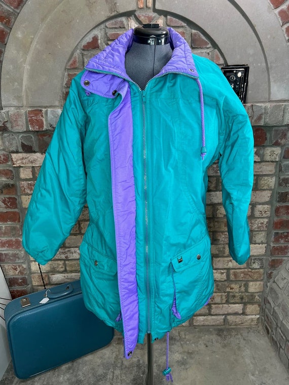 coat winter fleece lined 1980s aqua blue purple