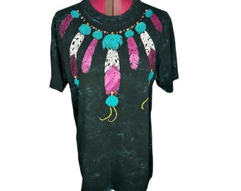 T-shirt vintage jaren 80 western veren grafisch tshirt blauwgroen paarse verfspatten