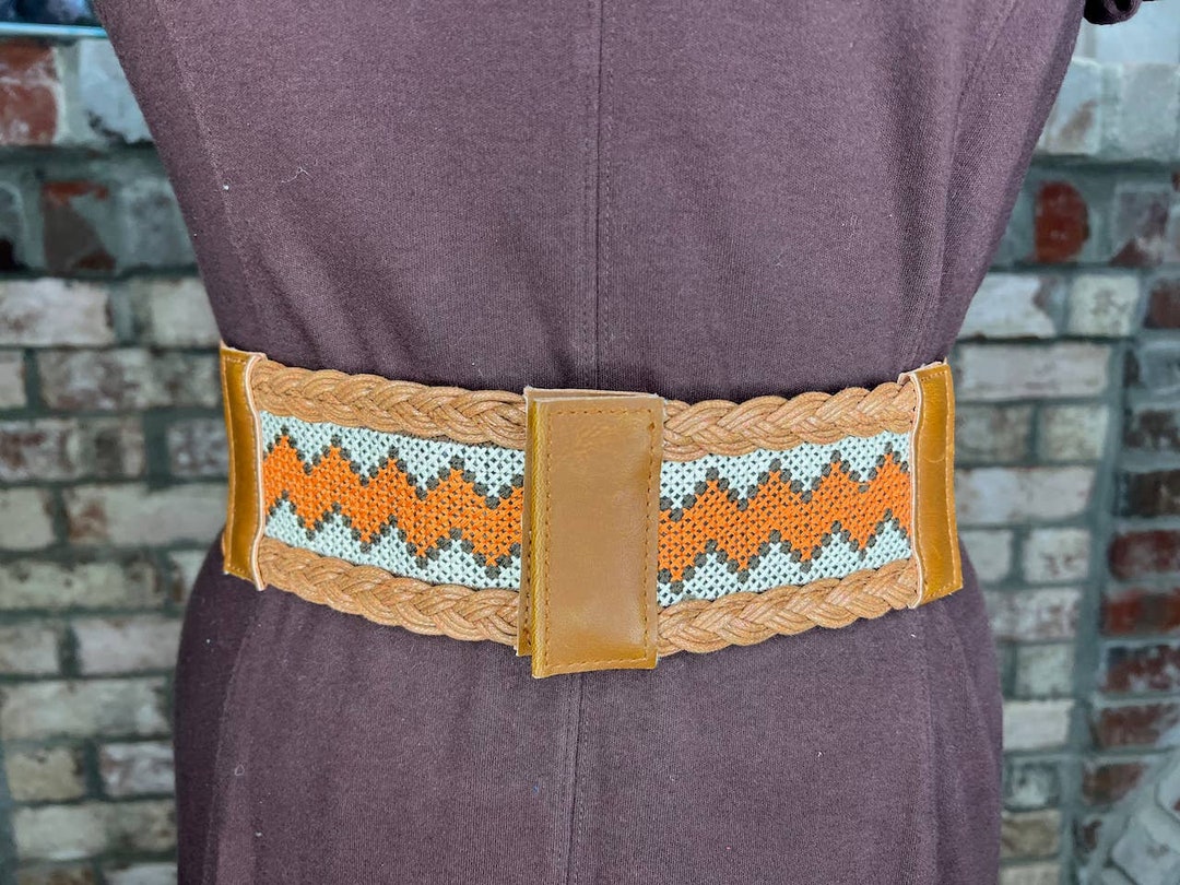 Vintage Elastic Belt Boho Embroidered Braided Orange Brown  display picture 1