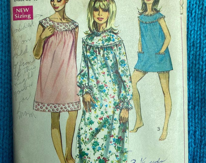 Simplicity 7910 Sewing Pattern Nightgown Nighty Long Short 1960s Size ...