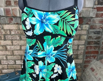 Traje de baño de una pieza, vintage, floral, azul, negro y verde.