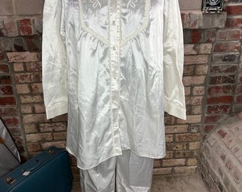 satin Pajama set top pant white long sleeve