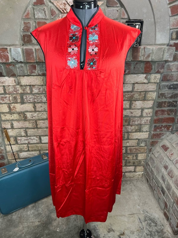 nightgown red satin embroidered flowers mandarin c