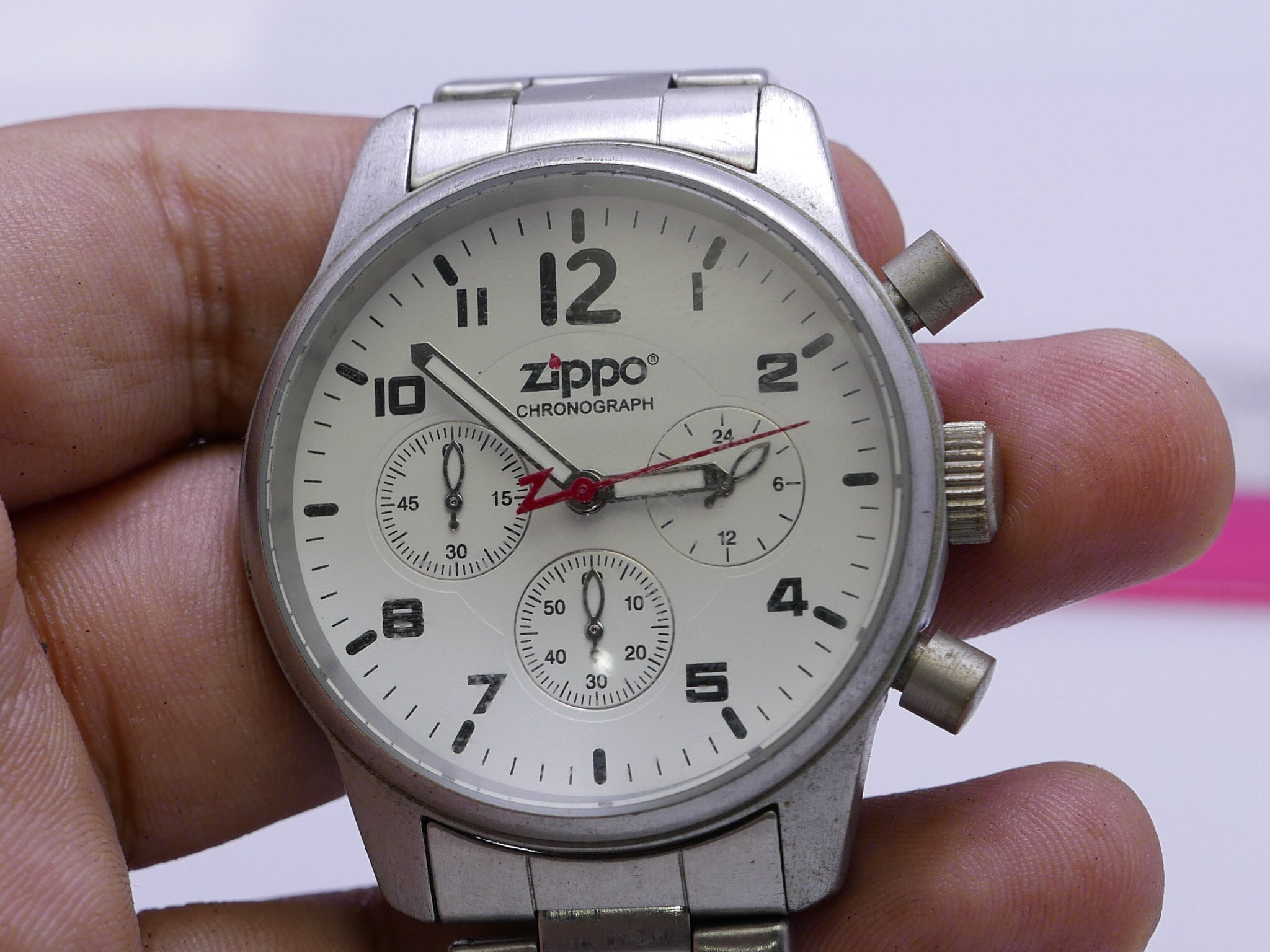 Vintage Zippo Chronograph White Dial Men Quartz Watch Japan Round